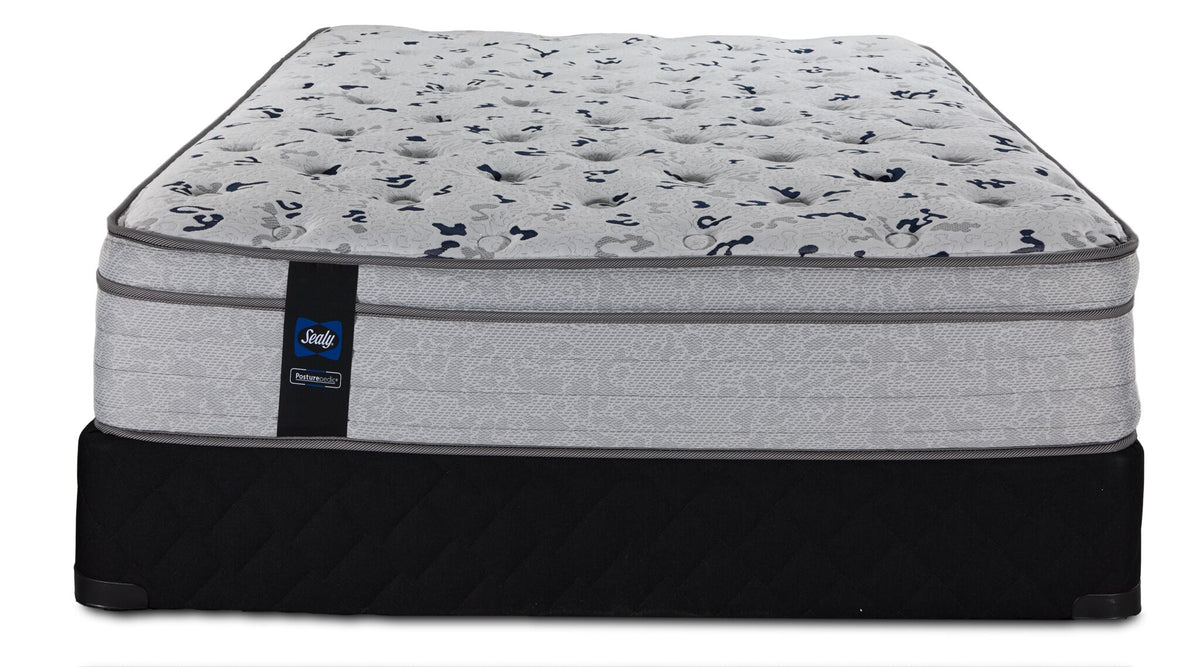 Front view of the Twin mattress and boxspring showing textured sides, dark piping and Sealy branding