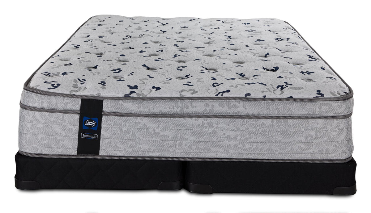 Front view of the King mattress and split foundations with quilted Euro top and Sealy branding