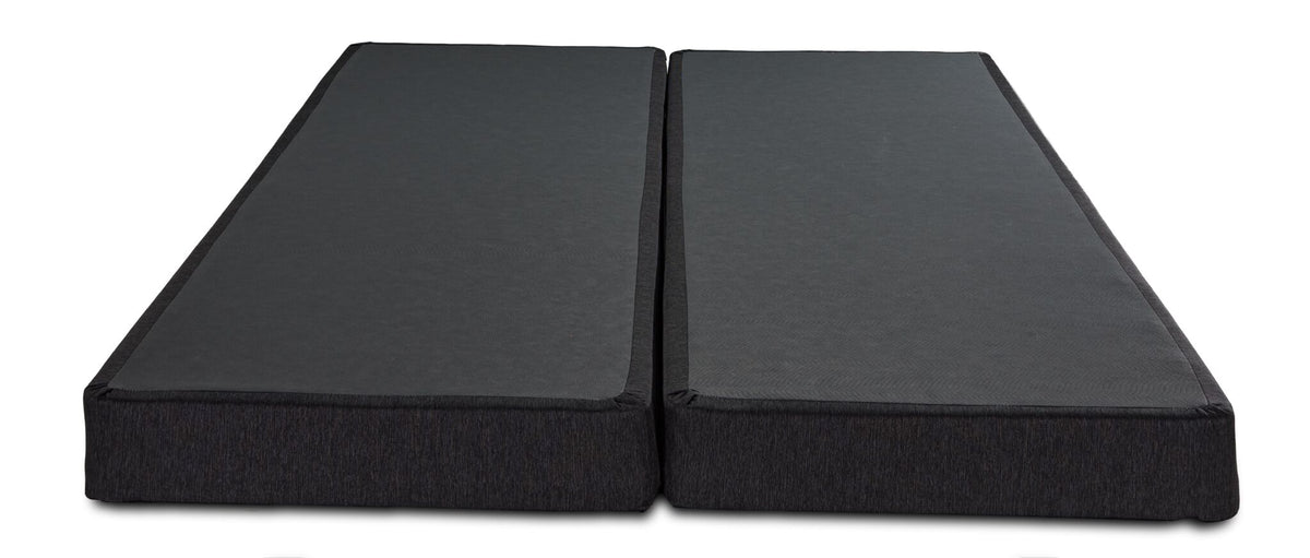 Front view of two low-profile split queen foundations with black support surfaces