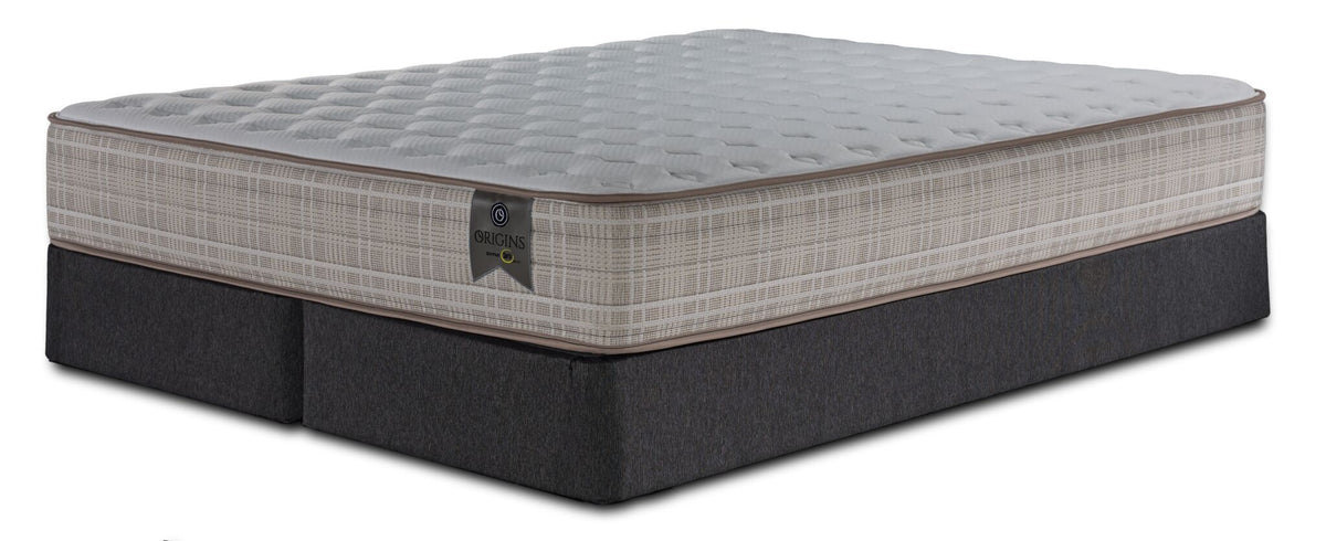Origins by Serta Tradition Queen firm mattress on two charcoal split boxsprings with quilted tight top