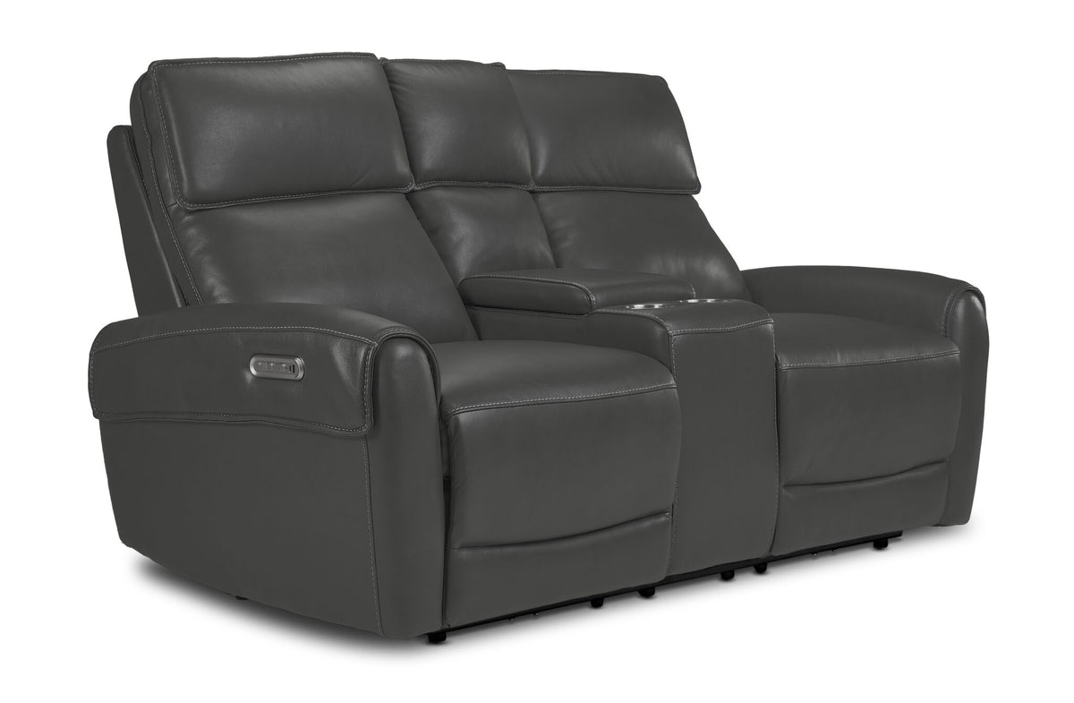 Theo Leather Dual Power Reclining Sofa and Loveseat Set - Granite