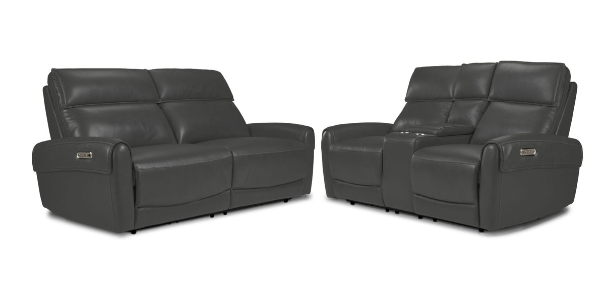 Theo Leather Dual Power Reclining Sofa and Loveseat Set - Granite