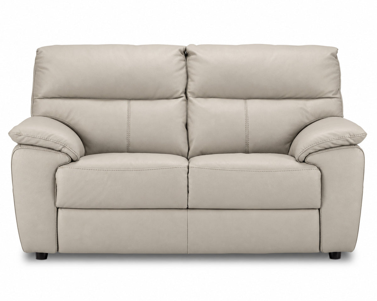 Front view of the cream loveseat with stitched backrests, wide seats and dark feet
