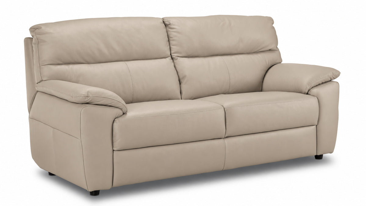 Tan leather sofa with two deep seats, stitched back cushions and padded armrests