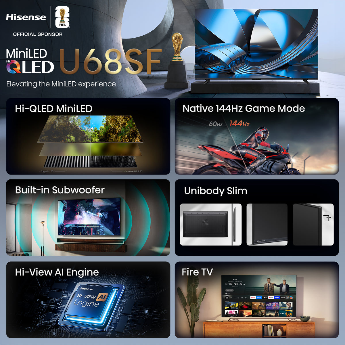 Hisense 75" QLED Mini-LED AI TV 144Hz - Fire TV - 75U68SF--