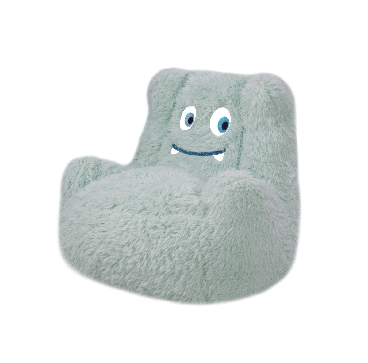 Parker mint green foam chair angled view showing armrest and soft faux fur texture