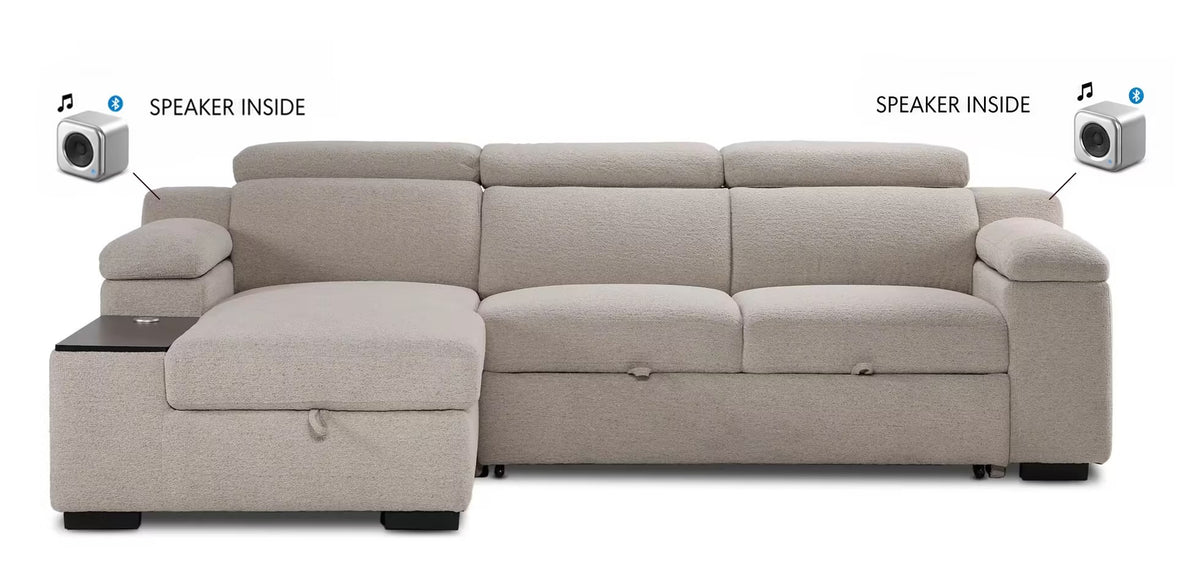 Slayden taupe polyester sectional with right-facing chaise, adjustable headrests and built-in Bluetooth speakers in both arms.