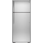 GE stainless steel top-freezer refrigerator shown from the front with colour-matched handles