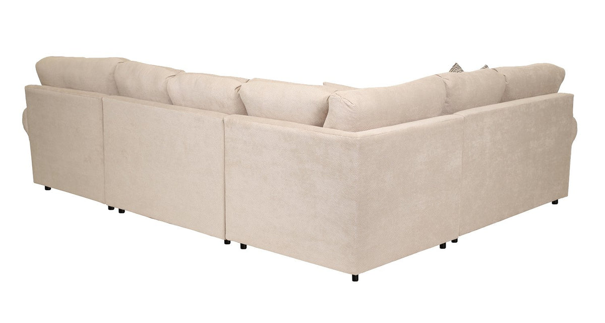 Jupiter 4-piece flax sectional rear corner view showing the upholstered L-shaped back and modular sections