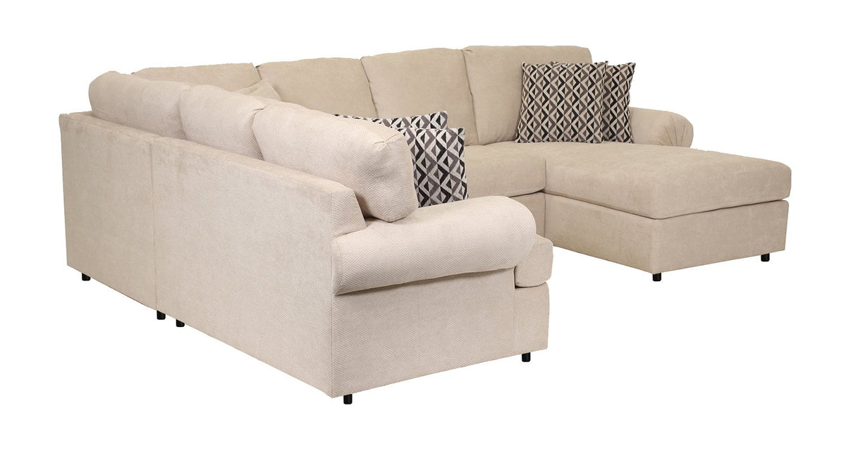Jupiter 4-piece flax sectional angled from the side with right-facing chaise and plush back cushions