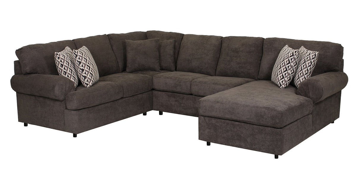 Jupiter 4-piece sectional in carbon with right-facing chaise, plush cushions and patterned accent pillows