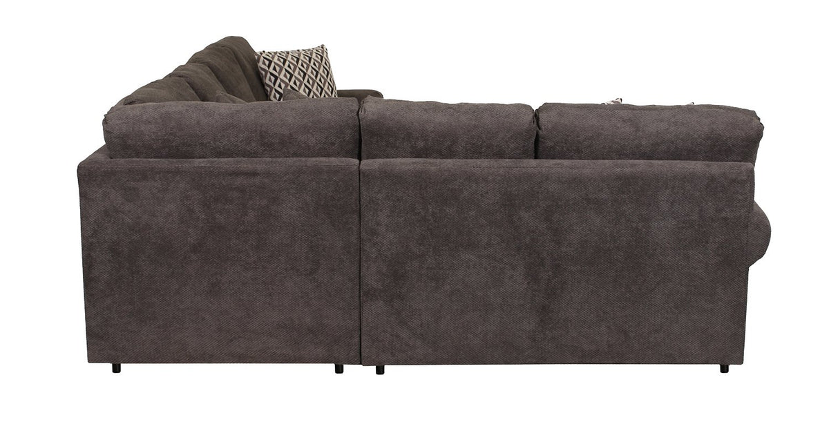 Jupiter 4-piece carbon sectional side rear view showing upholstered back panels and low black feet