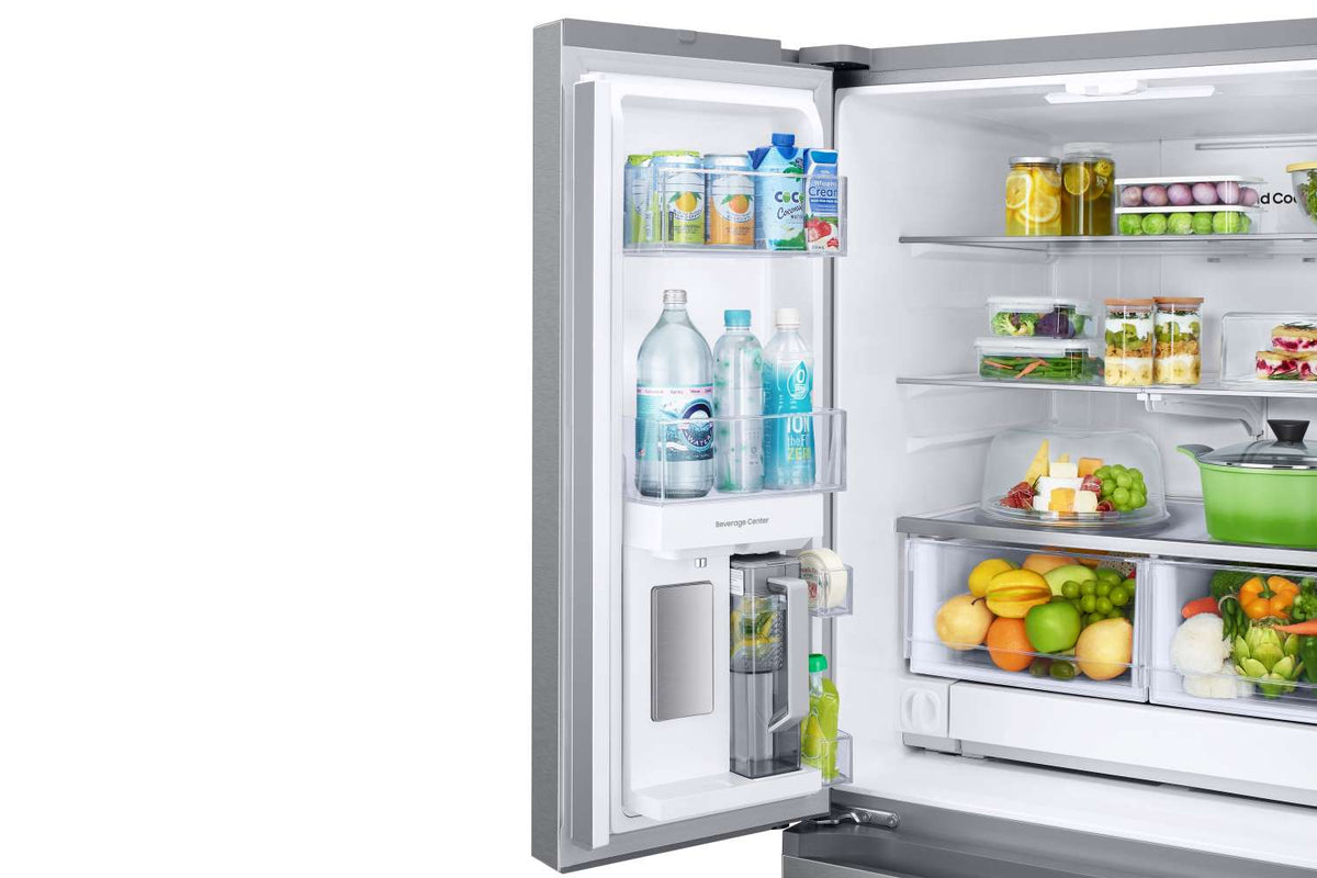 Samsung French door refrigerator left door storage with bins for drinks, condiments and groceries
