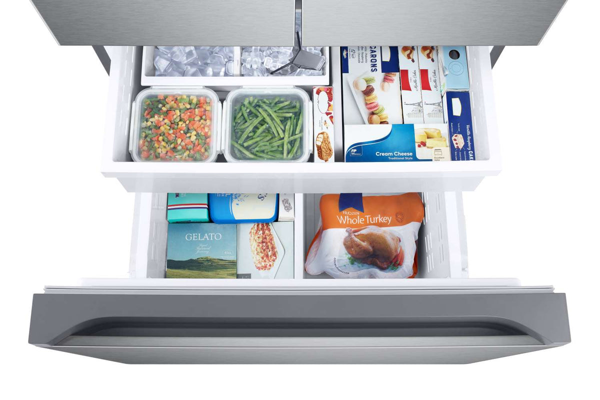 Samsung bottom freezer drawer showing Dual Auto Ice Maker and frozen food storage