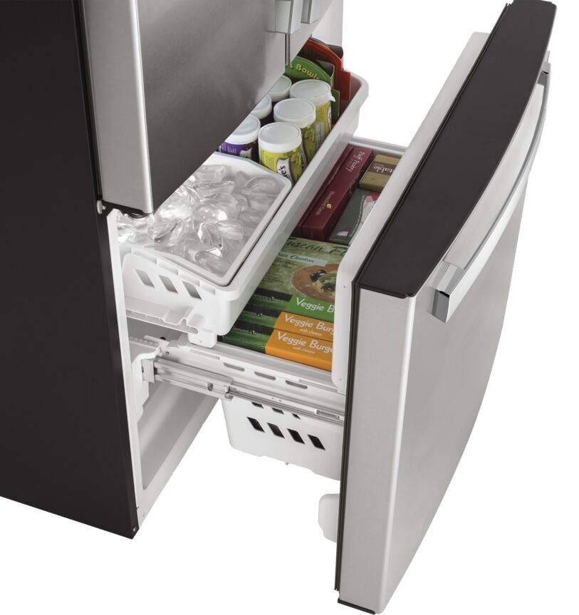 GE bottom freezer drawer with two-level storage baskets for frozen food