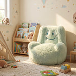 Parker mint green foam kids chair styled in a bright playroom with toys and books