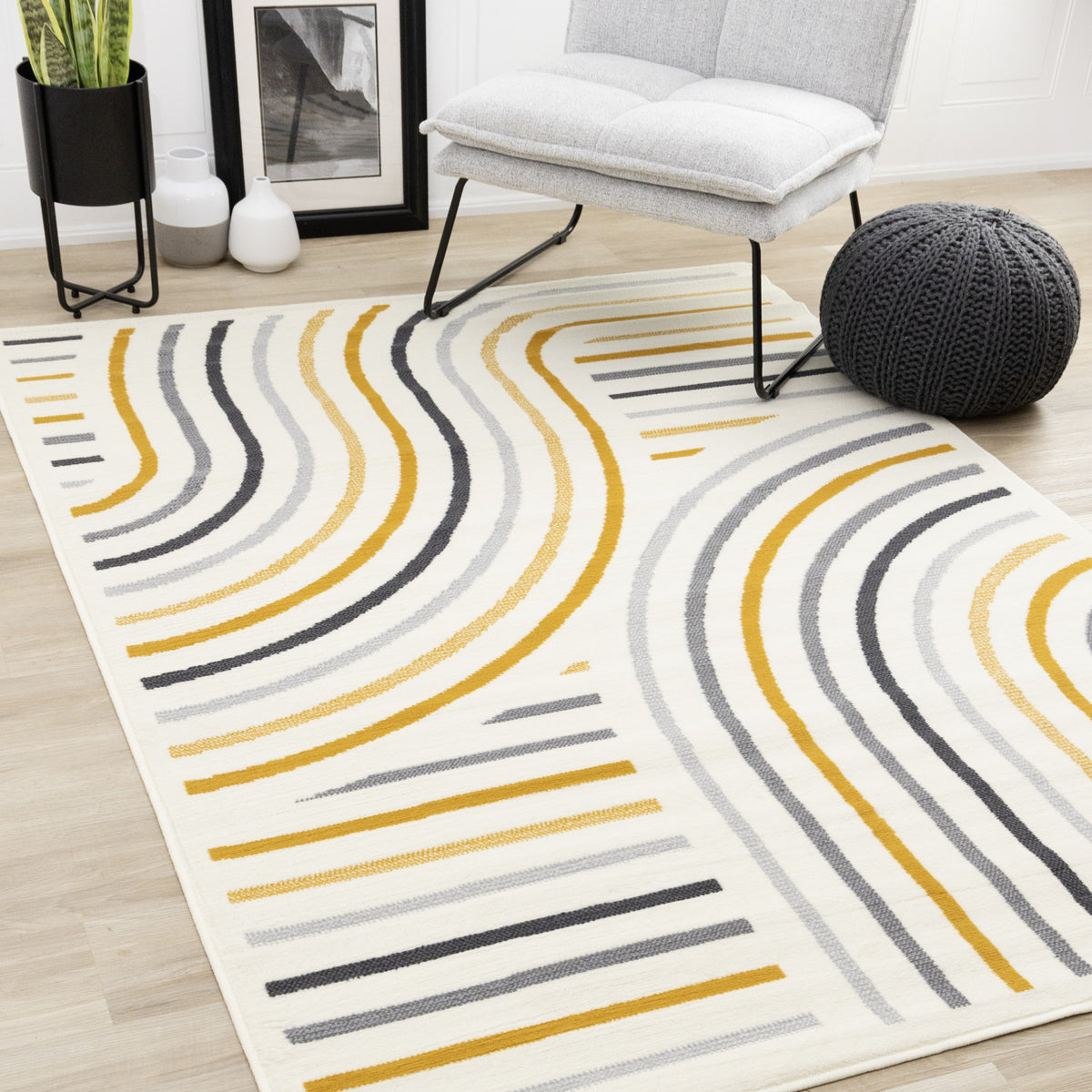 Functional Modern Curves Area Rug - 8' X 11' - Cream/Yellow