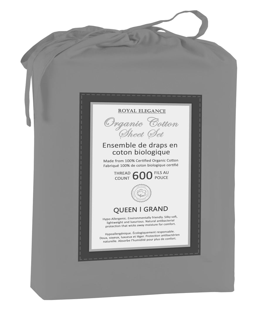 Cotton House 100% Organic Cotton Queen Sheet Set - 600 Thread Count Charcoal