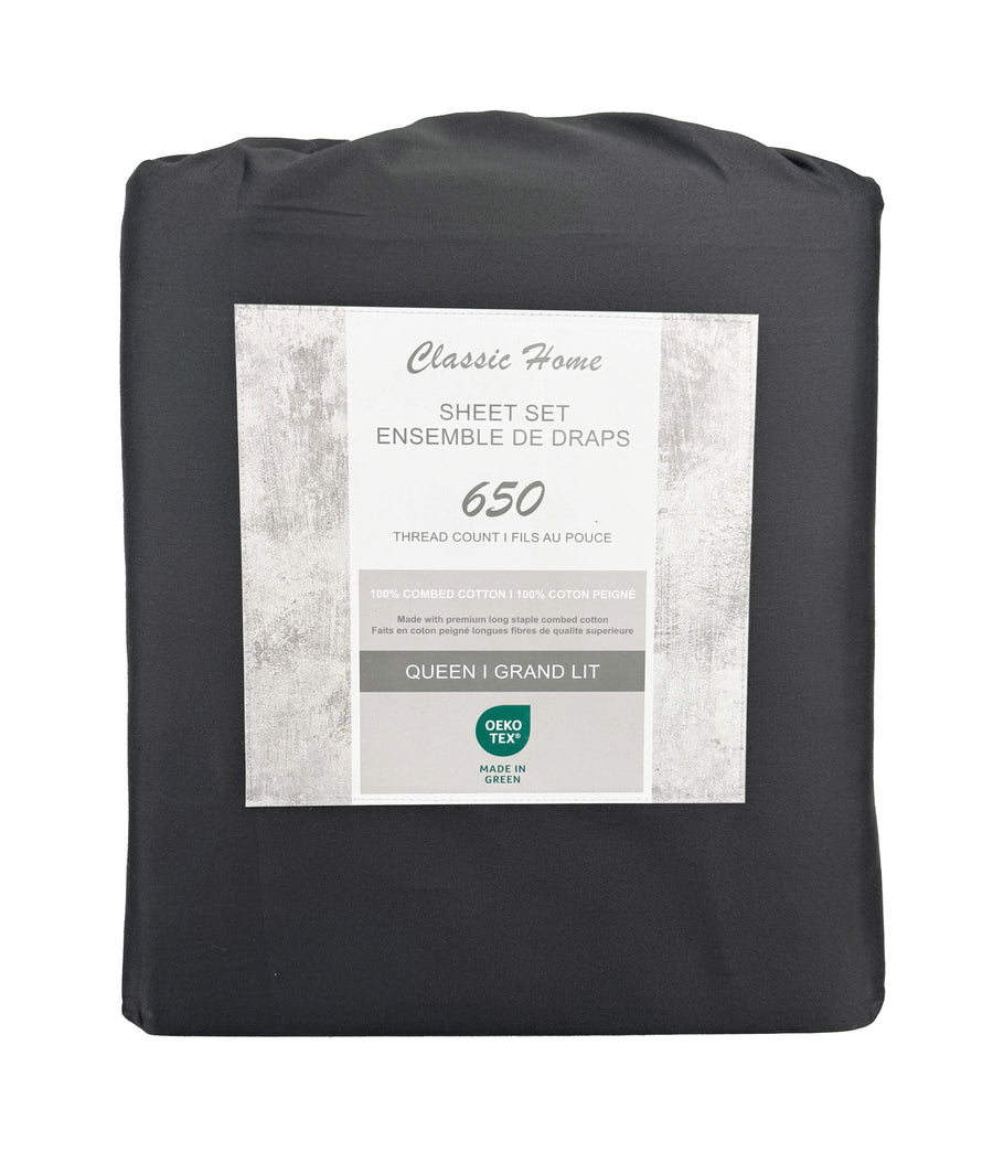 Cotton House 100% Combed Cotton Queen Sheet Set - 650 Thread Count Charcoal