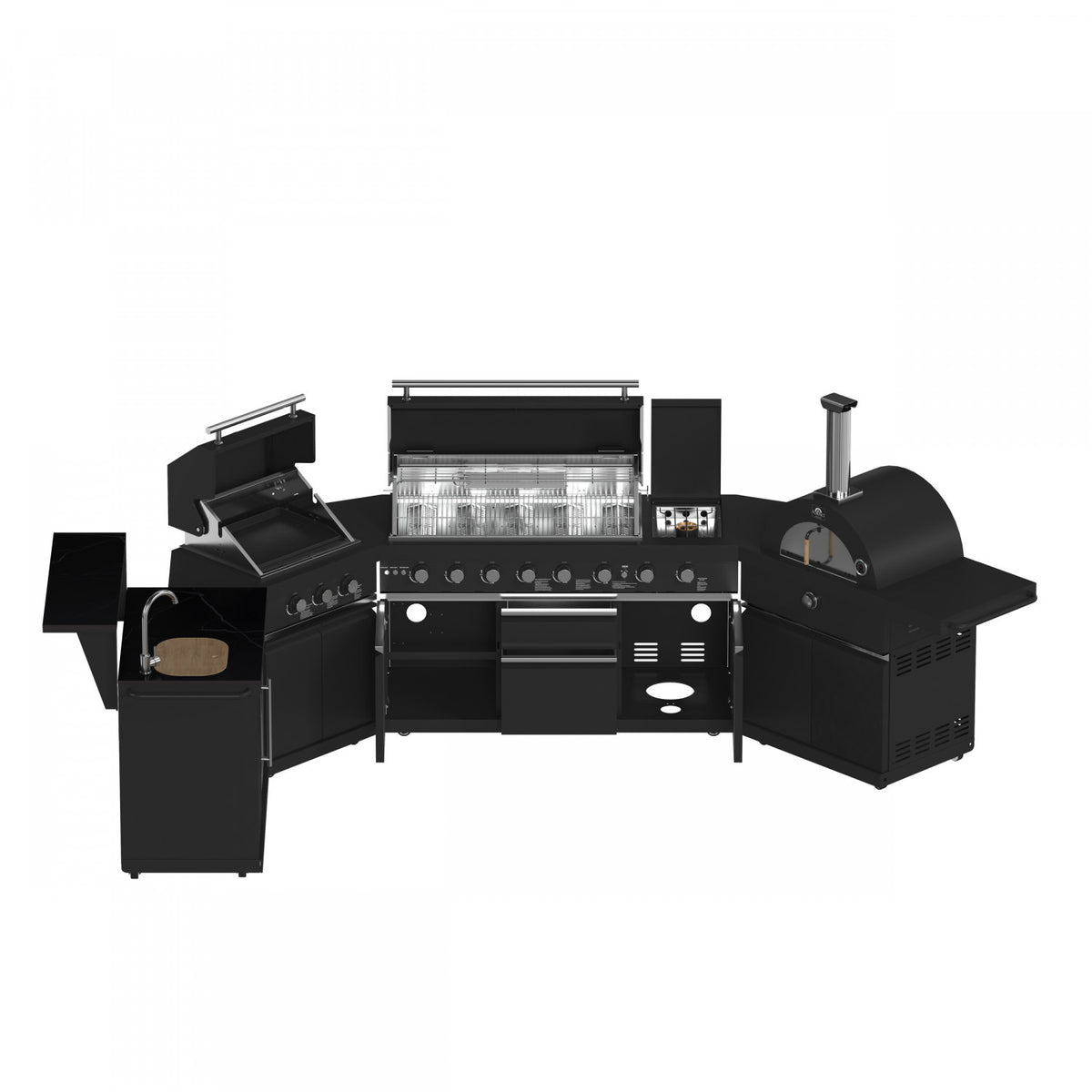 Forno All'Aperto Black Countertop Outdoor Kitchen with 86,600 BTU BBQ, 24" Plancha and 18" Pizza Oven - FODKT2568BLK