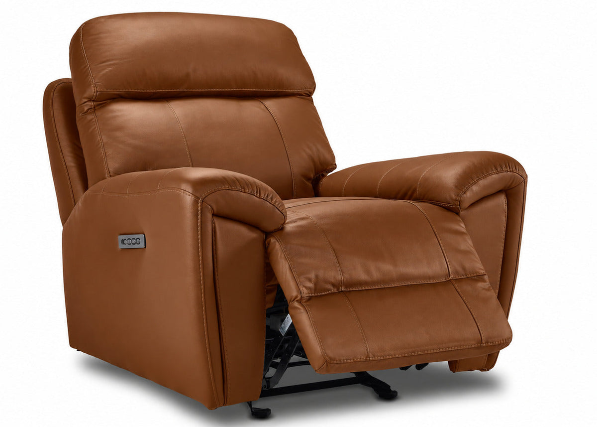Apollo mocha leather glider recliner angled view with power footrest extended and plush padded seating