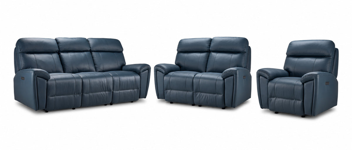 Apollo Leather Dual Power Reclining Sofa, Loveseat and Glider Recliner Set - Navy with plush headrests and padded arms