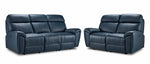 Apollo Leather Dual Power Reclining Sofa and Loveseat Set - Navy with plush headrests and padded arms