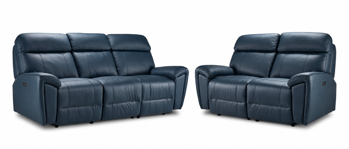 Apollo Leather Dual Power Reclining Sofa and Loveseat Set - Navy with plush headrests and padded arms