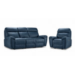 Apollo Leather Dual Power Reclining Sofa and Glider Recliner Set - Navy with plush headrests, padded arms and stitched leather