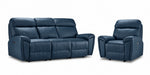 Apollo Leather Dual Power Reclining Sofa and Glider Recliner Set - Navy with plush headrests, padded arms and stitched leather