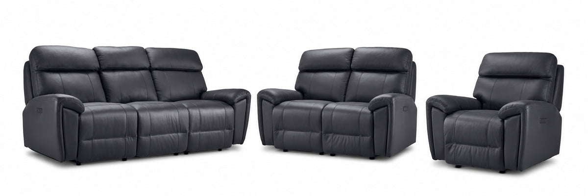Apollo Leather Dual Power Reclining Sofa, Loveseat and Glider Recliner Set - Black with plush headrests and padded arms