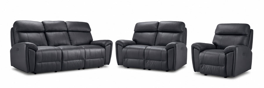 Apollo Leather Dual Power Reclining Sofa, Loveseat and Glider Recliner Set - Black with plush headrests and padded arms