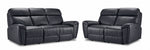 Apollo Leather Dual Power Reclining Sofa and Loveseat Set - Black with plush headrests, padded arms and stitched leather