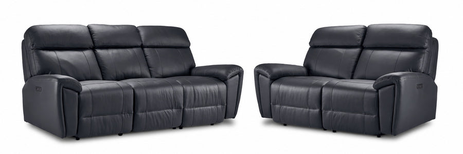 Apollo Leather Dual Power Reclining Sofa and Loveseat Set - Black with plush headrests, padded arms and stitched leather