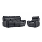 Apollo Leather Dual Power Reclining Sofa and Glider Recliner Set - Black with plush headrests, padded arms and stitched leather