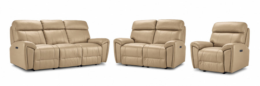 Apollo Leather Dual Power Reclining Sofa, Loveseat and Glider Recliner Set - Beige with plush headrests and padded arms