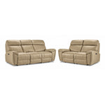 Apollo Leather Dual Power Reclining Sofa and Loveseat Set - Beige with plush headrests, padded arms and stitched leather