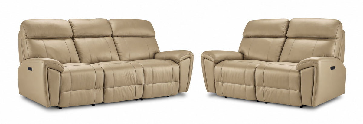 Apollo Leather Dual Power Reclining Sofa and Loveseat Set - Beige with plush headrests, padded arms and stitched leather