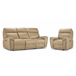 Apollo Leather Dual Power Reclining Sofa and Glider Recliner Set - Beige with plush headrests, padded arms and stitched leather