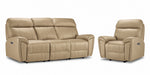 Apollo Leather Dual Power Reclining Sofa and Glider Recliner Set - Beige with plush headrests, padded arms and stitched leather