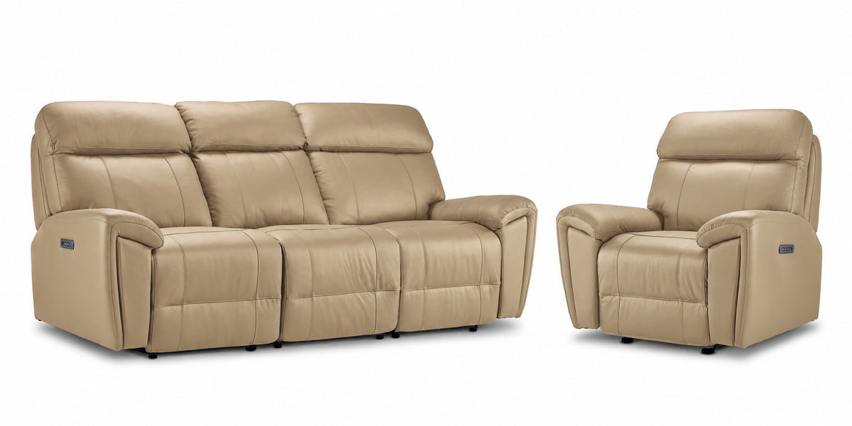 Apollo Leather Dual Power Reclining Sofa and Glider Recliner Set - Beige with plush headrests, padded arms and stitched leather