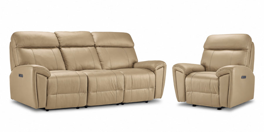 Apollo Leather Dual Power Reclining Sofa and Glider Recliner Set - Beige with plush headrests, padded arms and stitched leather