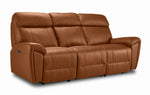 Apollo Leather Dual Power Reclining Sofa - Mocha angled view with three cushioned seats and padded arms