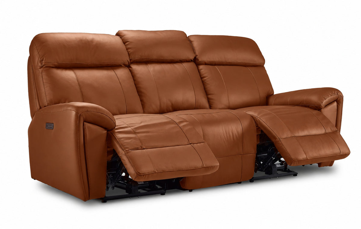 Apollo mocha leather reclining sofa angled view with both end footrests extended and centre seat upright