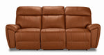 Apollo mocha leather dual power reclining sofa front view with three seats, plush headrests and padded arms