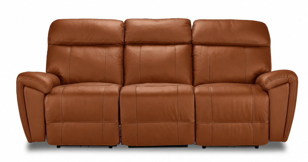 Apollo mocha leather dual power reclining sofa front view with three seats, plush headrests and padded arms