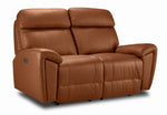 Apollo mocha leather dual power reclining loveseat angled view with two cushioned seats, plush headrests and padded arms