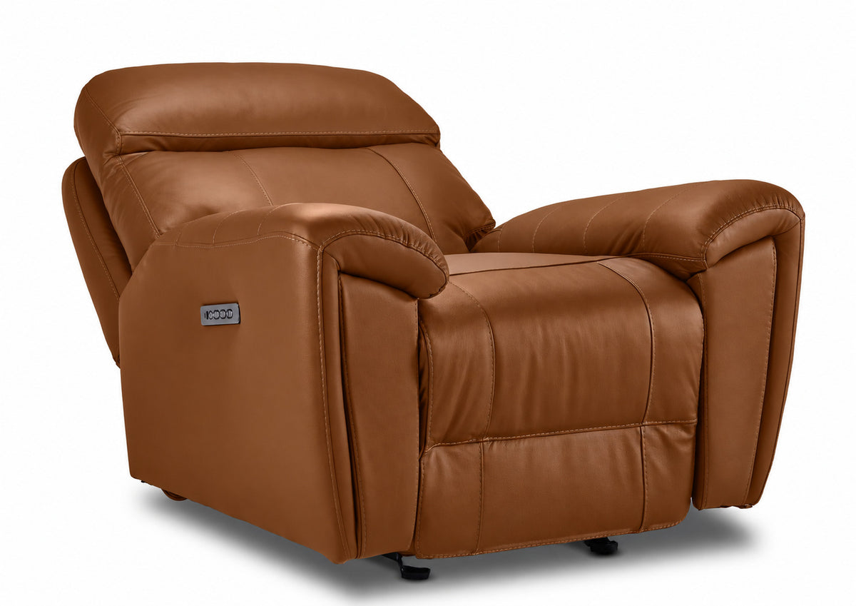Apollo mocha leather glider recliner angled view with backrest reclined, adjustable headrest and footrest closed