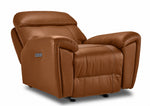 Apollo mocha leather glider recliner angled view with backrest reclined, adjustable headrest and footrest closed