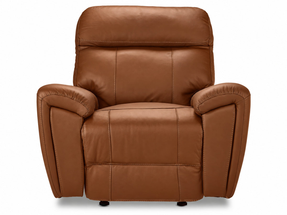 Apollo mocha leather glider recliner front view with plush headrest, cushioned back and padded arms